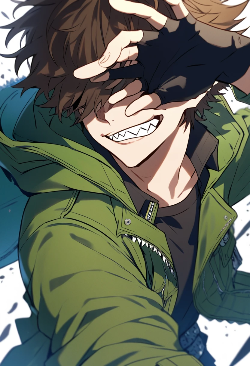 Handsome, solo, 1 male, messy brown hair, green hood, shadow covers his eyes, black shirt, sharp teeth, green jacket, black fingerless gloves, smirk facial, combat knife