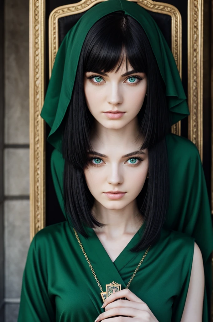 black hair woman, short hair, green eyes and pale skin, tarot