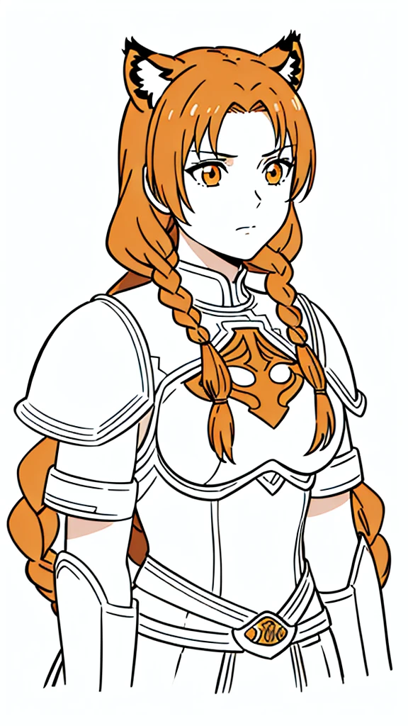 (1girl,20 years old,mature female,solo),tiger ears,long hair,(twin braids),orange hair,white knight armor,(white background,line drawing),upper body,serious, put your hands in side,portrait,punch