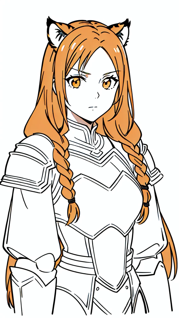 (1girl,20 years old,mature female,solo),tiger ears,long hair,(twin braids),orange hair,white knight armor,(white background,line drawing),upper body,serious, put your hands in side,portrait,punch