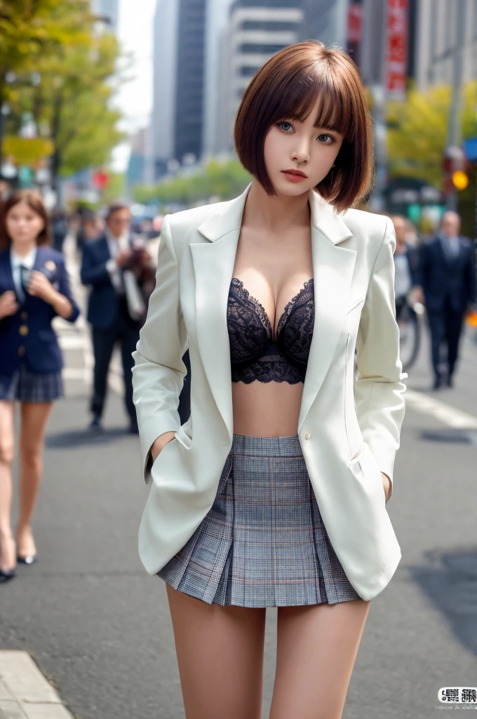 a 18 year old face of the most beautiful actress in the world, the perfect body proportions of a female, blazer is worn with formal shirt on female upper body, female crotch in panties between legs are seen a little thanks to skirt is too short, the short hair cut for a female, sexy bare thighs of a female, standing, at the city street, nsfw, best quality, highly detailed, masterpiece, ultra high res, photo realistic, 8k