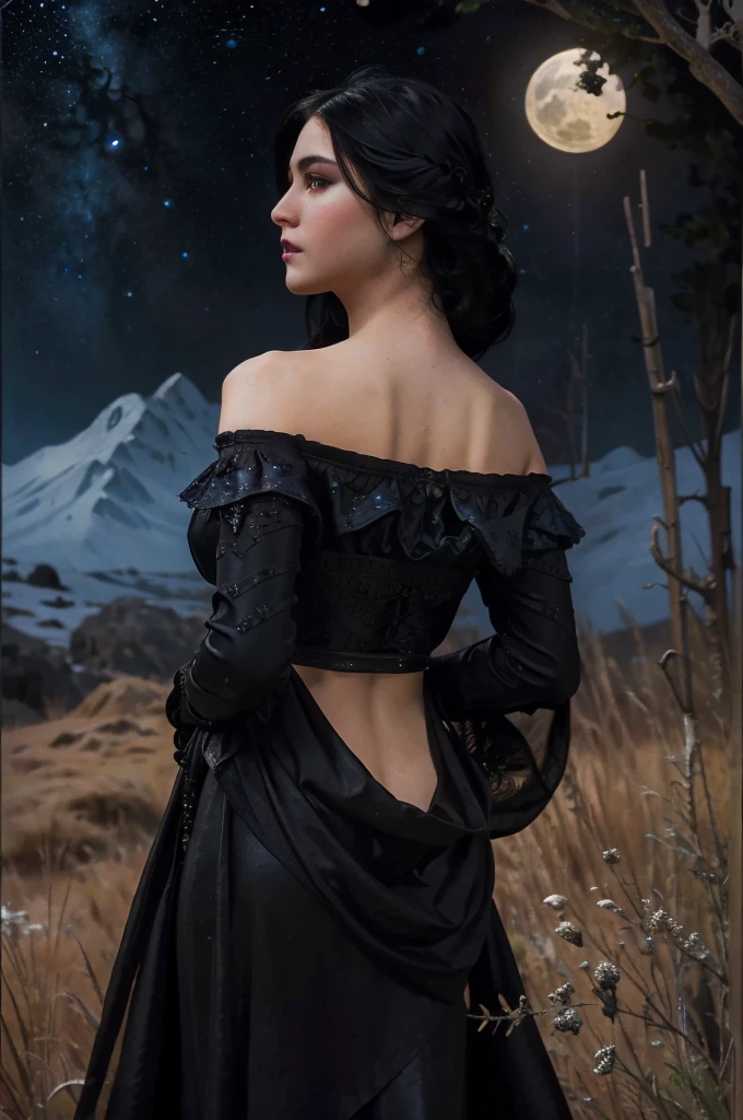 (Photorealistic),photograph,Best image quality, Ultra-high resolution, (realism: 1.5),One Witch,Landscape,Upper Body,Black Costume,Black Hair,alphonse mucha like,Moonlit Night,Starry Sky,Perfect human body,25-year-old woman,Gazing into the distance