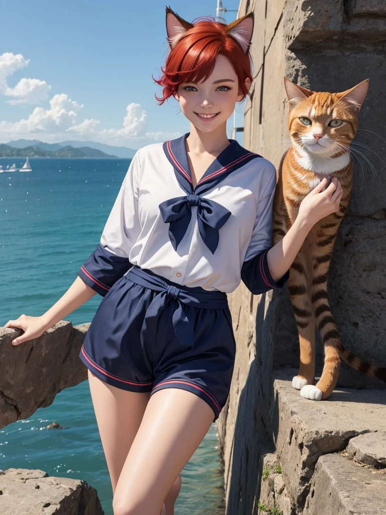 Highest quality,High resolution,1People Girl,whole body,fine,smile,looking at the camera,short hair,Crimson hair,Blue eyes,Sailor suit,beautiful girl,Cat ears on the head,Cat tail on waist,smile,be happy,Landscape,Run,