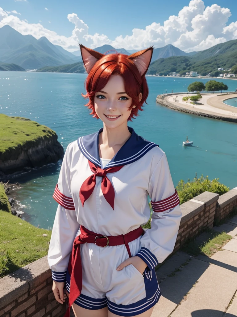 Highest quality,High resolution,1People Girl,whole body,fine,smile,looking at the camera,short hair,Crimson hair,Blue eyes,Sailor suit,beautiful girl,Cat ears on the head,Cat tail on waist,smile,be happy,Landscape,Run,