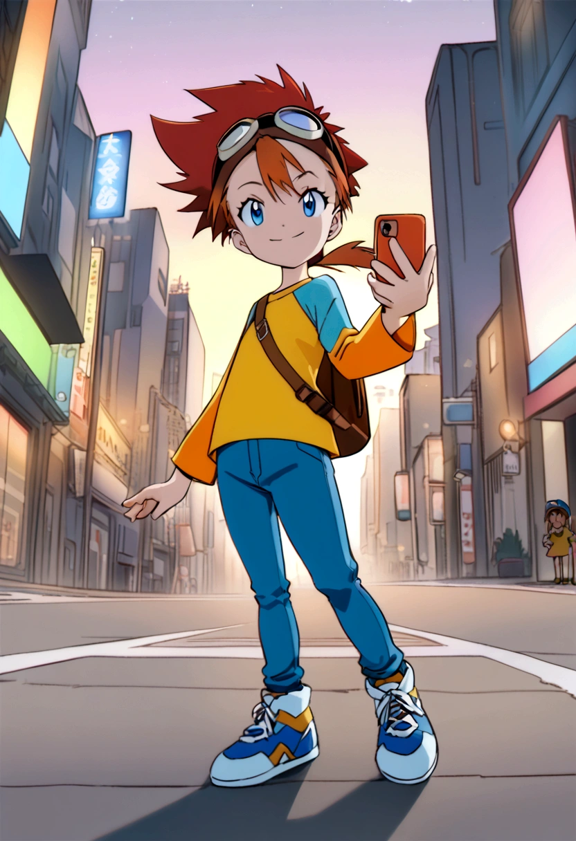 (dynamic pose:1.5), (best quality, masterpiece, absurdres, highres, ultra_detailed, dynamic angle:1.2), best quality, full body, young kid girl digimon tamer, on a futuristic city street, AUBURN HAIR,BLUE EYES,ponytail, kids clothes,elementary school girl,skinny blue jeans, brown leather belt,short stature, flat chest, goggles, goggles on head,t-shirt,raglan sleeves,high top sneakers, holding smartphone, single strap backpack, futuristic city, neon lights, evening, dim light, happy, smile, athletic, kid, Digimon 