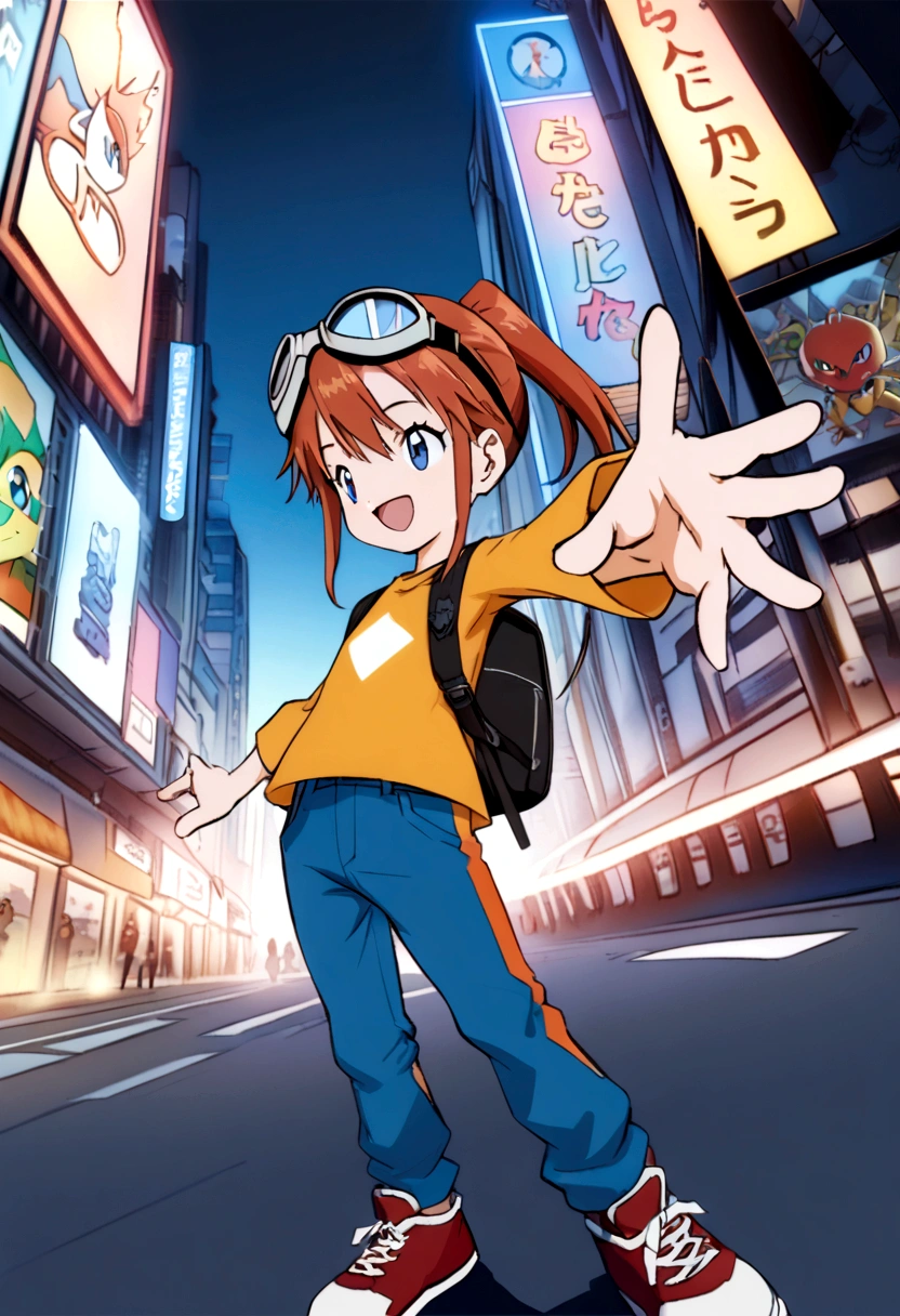 (dynamic pose:1.5), (best quality, masterpiece, absurdres, highres, ultra_detailed, dynamic angle:1.2), best quality, full body, young  girl digimon tamer, on a futuristic city street, AUBURN HAIR,BLUE EYES,ponytail, kids clothes,elerl,skinny blue jeans, brown leather belt,short stature, flat chest, goggles, goggles on head,t-shirt,raglan sleeves,high top sneakers, holding smartphone, single strap backpack, futuristic city, neon lights, evening, dim light, happy, smile, athletic, kid, Digimon 