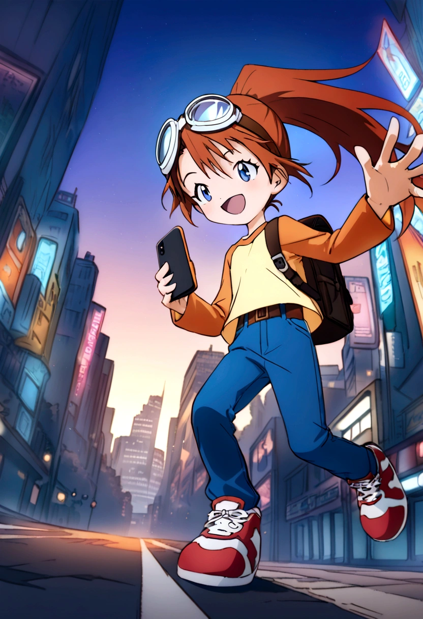 (dynamic pose:1.5), (best quality, masterpiece, absurdres, highres, ultra_detailed, dynamic angle:1.2), best quality, full body, young kid girl digimon tamer, on a futuristic city street, AUBURN HAIR,BLUE EYES,ponytail, kids clothes,elementary school girl,skinny blue jeans, brown leather belt,short stature, flat chest, goggles, goggles on head,t-shirt,raglan sleeves,high top sneakers, holding smartphone, single strap backpack, futuristic city, neon lights, evening, dim light, happy, smile, athletic, kid, Digimon 