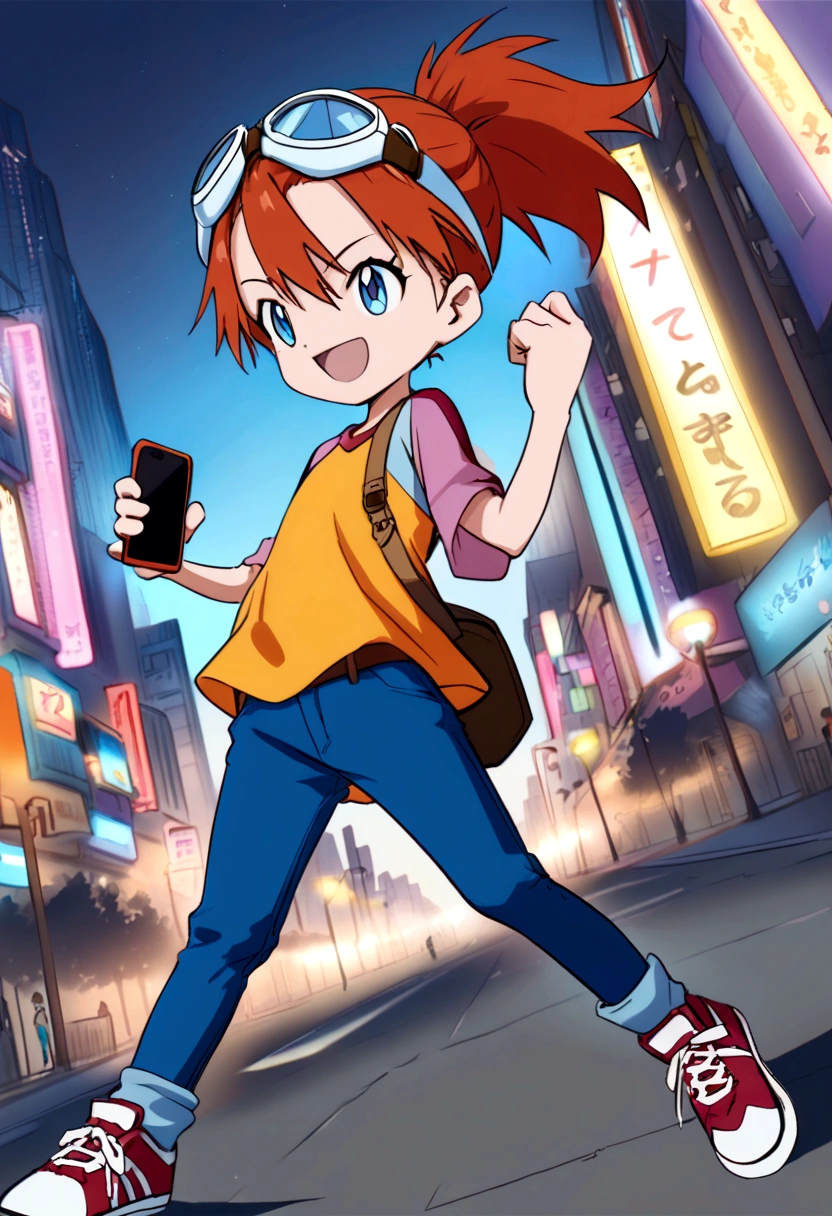 (dynamic pose:1.5), (best quality, masterpiece, absurdres, highres, ultra_detailed, dynamic angle:1.2), best quality, full body, young  girl digimon tamer, on a futuristic city street, AUBURN HAIR,BLUE EYES,ponytail, kids clothes,elerl,skinny blue jeans, brown leather belt,short stature, flat chest, goggles, goggles on head,t-shirt,raglan sleeves,high top sneakers, holding smartphone, single strap backpack, futuristic city, neon lights, evening, dim light, happy, smile, athletic, kid, Digimon 