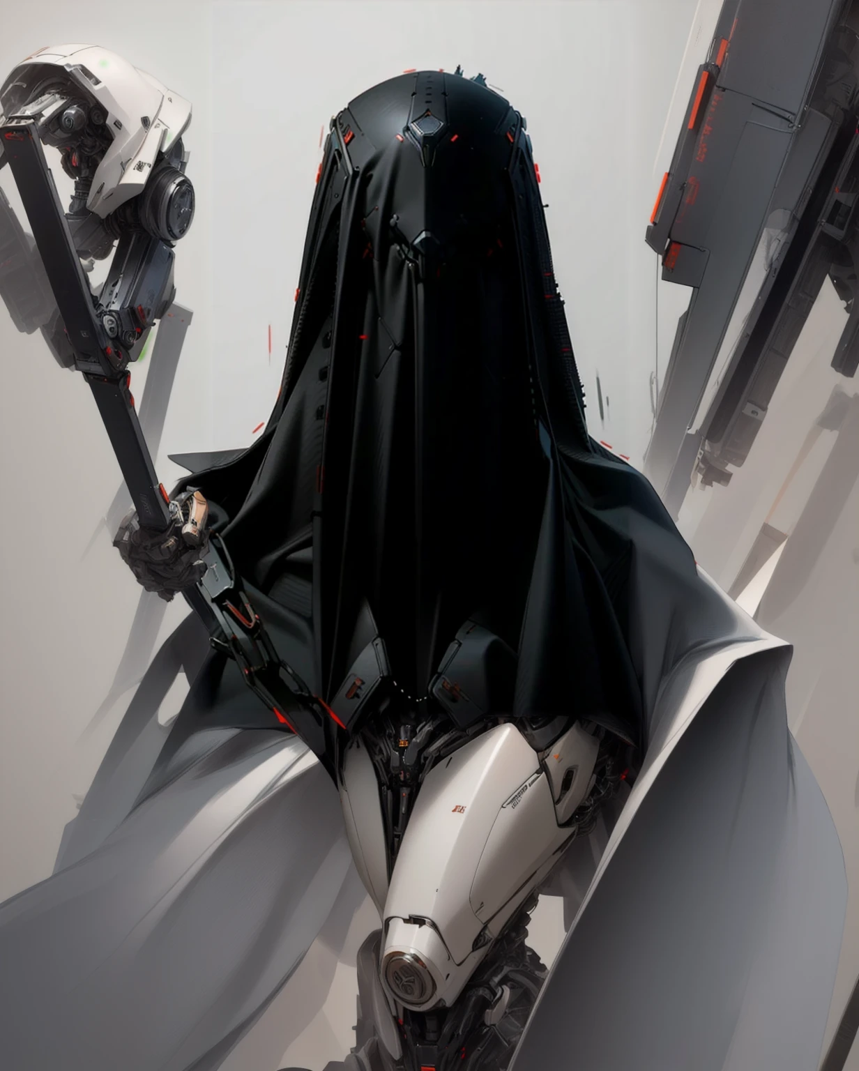 robot with wide shoulders, menacing frame, a white cloak hanging off its shoulders and covering its mechanical body, black glossy metallic body, slim frame, slender, portrait