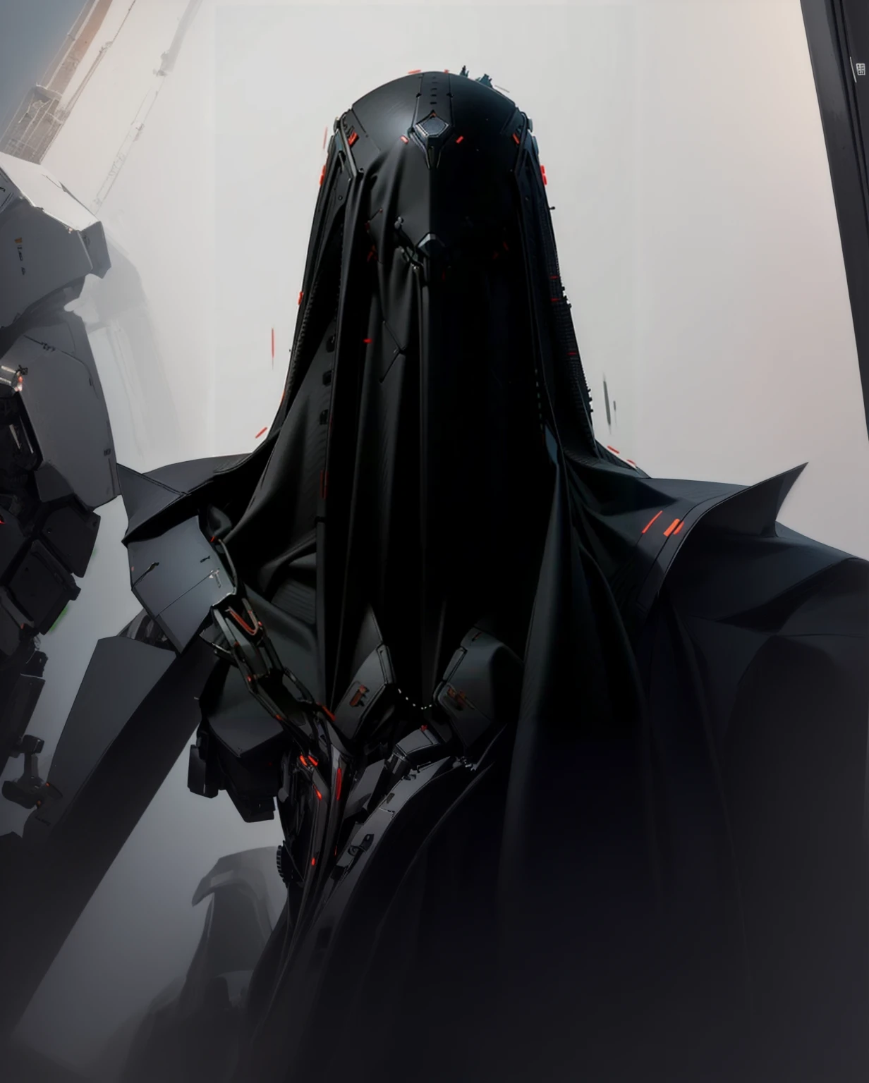 robot with wide shoulders, menacing frame, a white cloak hanging off its shoulders and covering its mechanical body, black glossy metallic body, slim frame, slender, portrait