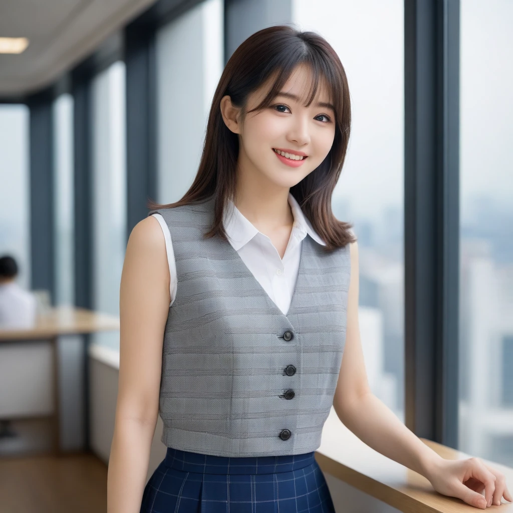 8K, Ultra-high resolution, Highest quality, masterpiece, 三分割法によるphotograph,Surreal, photograph, 1 girl, (:1.3), pretty girl, Cute face, Beautiful eyes in every detail, 細かくdetailedに,masterpiece,, One Girl:1.2, Japan Female Announcer,whole body、Black Hair、well-groomed eyebrows、Cute Lip Makeup,1 Woman Standing, office worker, (White and grey checked vest:1.2) (Navy pencil skirt) , (Modern office indoors), Cityscape of windows, detailedな背景,Cute gestures、so beautiful,A carefree smile,Healing the heart,blunt bangs,Looking at the audience、beauty,Long neck、Laugh a little、Please close your mouth and laugh、(((Ideal body type))),A-cup small breasts :2,、Portraiture:2、Perfect Anatomy、鮮明なdetailed、detailed、Surreal、Light and shadow,Strong light