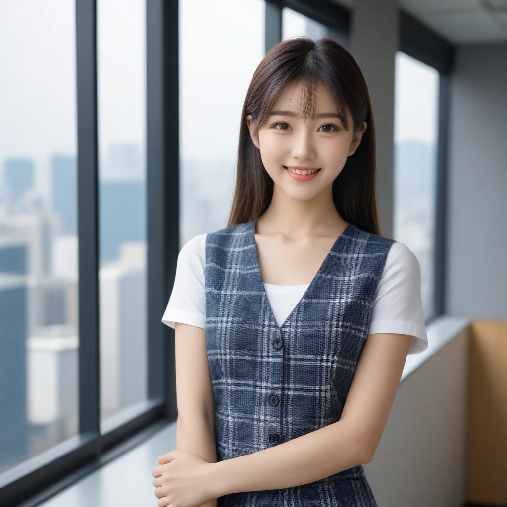 8K, Ultra-high resolution, Highest quality, masterpiece, 三分割法によるphotograph,Surreal, photograph, 1 girl, (:1.3), pretty girl, Cute face, Beautiful eyes in every detail, 細かくdetailedに,masterpiece,, One Girl:1.2, Japan Female Announcer,whole body、Black Hair、well-groomed eyebrows、Cute Lip Makeup,1 Woman Standing, office worker, (White and grey checked vest:1.2) (Navy pencil skirt) , (Modern office indoors), Cityscape of windows, detailedな背景,Cute gestures、so beautiful,A carefree smile,Healing the heart,blunt bangs,Looking at the audience、beauty,Long neck、Laugh a little、Please close your mouth and laugh、(((Ideal body type))),A-cup small breasts :2,、Portraiture:2、Perfect Anatomy、鮮明なdetailed、detailed、Surreal、Light and shadow,Strong light