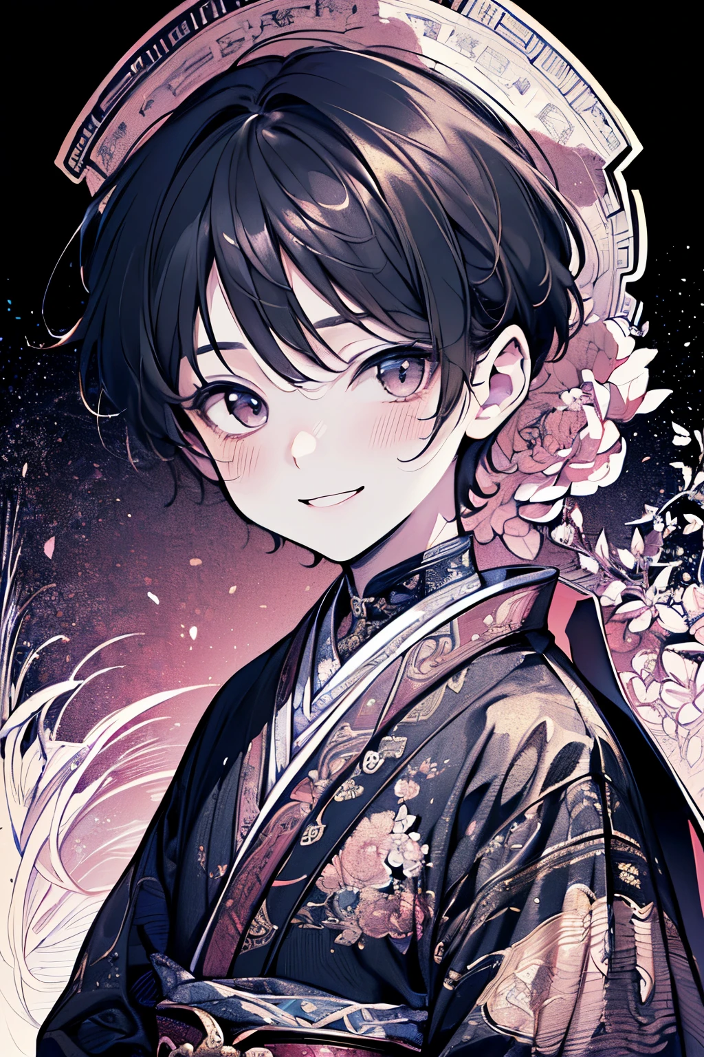 ((Boy,kids, around 6 years old:1.2)),(extremely detailed 8K wallpaper),(ultra-detailed),(best quality),(masterpiece),(highly detailed),(cinematic lighting),(Original),(Costume like an aristocrat:1.5 ),ink style,32K depth of field,((seiza,Flat:1.3)),(((A big smile:1.2))),((blush:1.2))