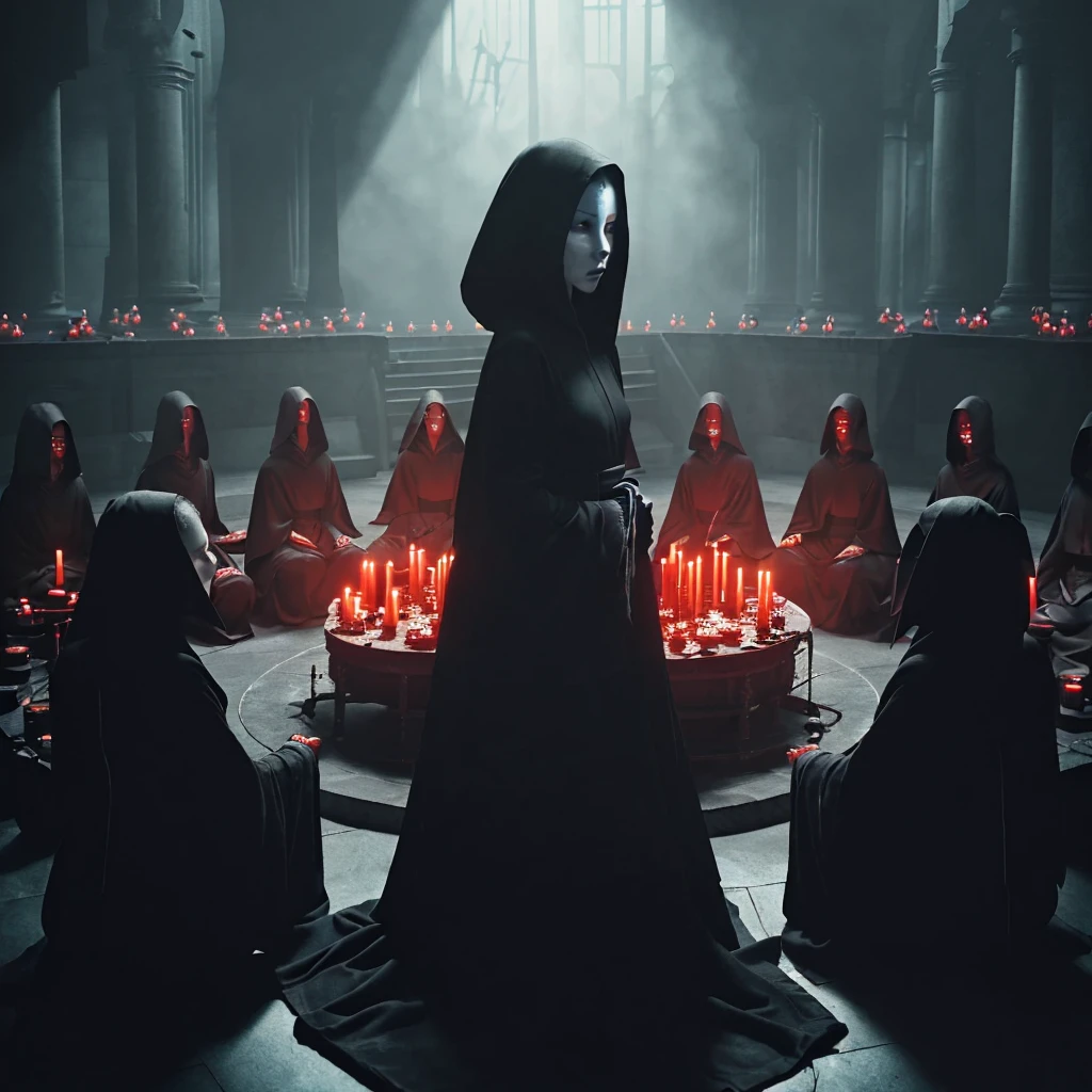 (very sharp result, cinematic desaturated photo) (((dramatic shading))), (((Best Quality))), (((masterpiece))) (((hyper realistic photo))) in starwars universe, gloomy sacred horror magical mood, dramatic backlight shadow, wide view of a sith temple, gothical room ambience, there`s many high priestess japanese girl in black cult hoodie, during a sacrifice ritual, pale skin, mysterious sinister bright red eyes sit at the centre of ritual altar, surrounded by high priestesses