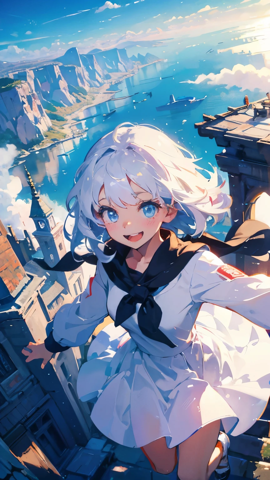 A girl spreading her body and flying in the sky（smile、White dress）、The continent is lush、There is a small village