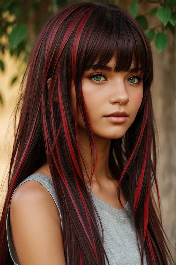 Draw a girl with neck-length hair with fringes, dark brown and blood red highlights, green eyes and light skin