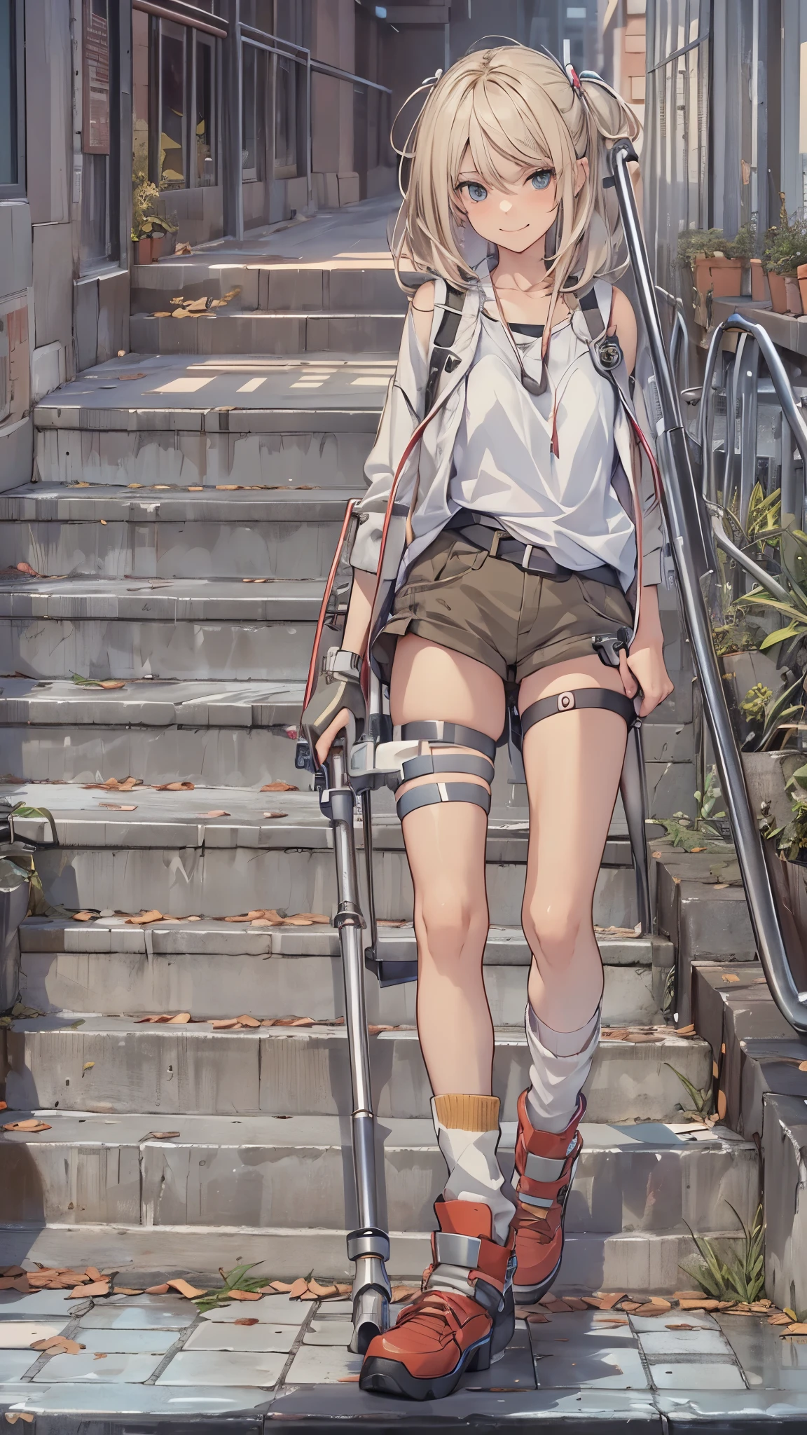 (Very detailed, Realistic), Cityscape, [moderately:Oil], [Professional:1.1], [Physically Based Rendering], [Bright colors], [Sharp focus], [Studio Lighting], [Extreme Detail], [Highest quality,4K,8K,High resolution,masterpiece:1.2],(Detailed face),((inside the hospital)),((One 18-year-old woman)),(Blonde unkempt hair),(dark),(it hurts),(Scary),(grin),[Nervous eyes],((her legs are very thin)),((She walks with crutches,Crutch length from armpit,Crutches are at her side)),((she leans on her crutches)),((she’s putting on her legs in cast)),((leg braces)),((leg braces)),((she’s wheelchair user)),((she’s wheelchair user)),((Her feet are turned inwards)),(street casual fashion,cold shoulder tops,shorts,loose socks),((lace-up-boots)),(gloves,Knee pads),.