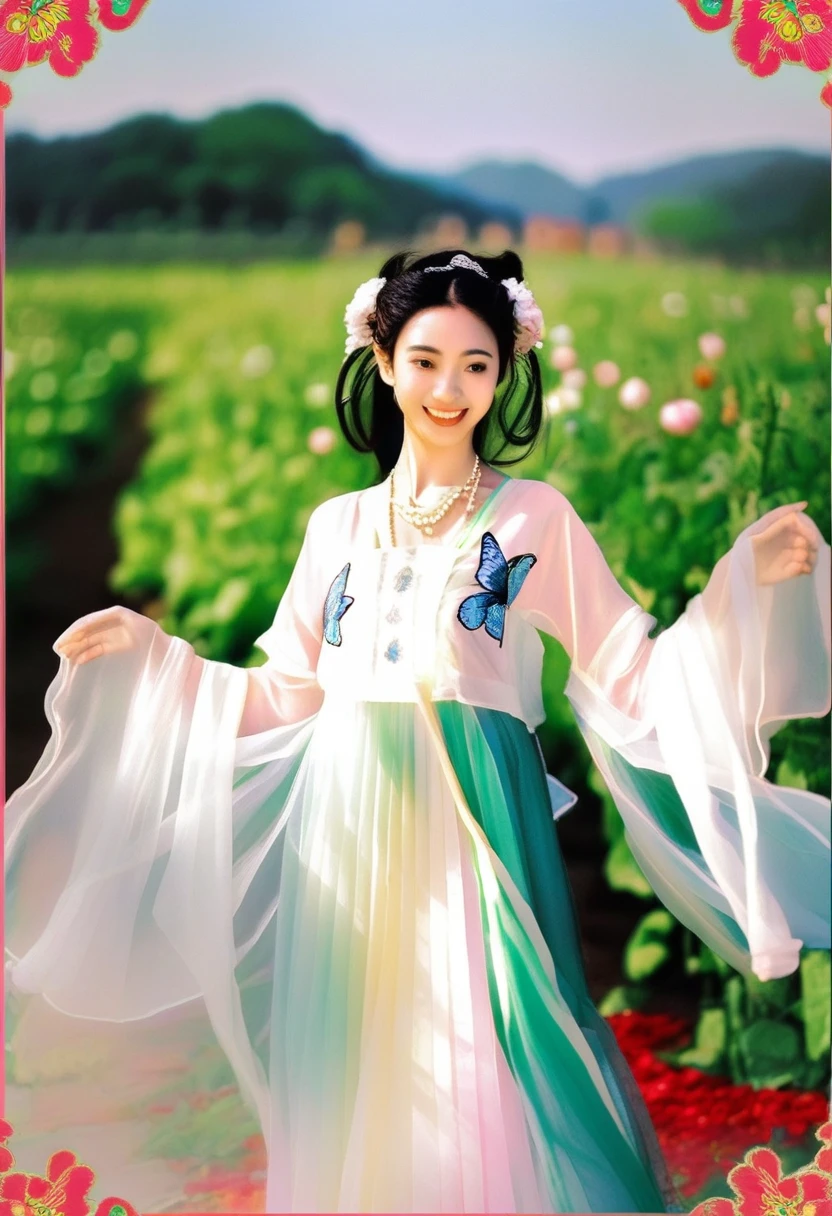 Inspired by Song Huizong,4K
polaroid,high details,full_shot,1girl,photo by Ren hang,graceful dance,solo,looking at viewer,smiling,hanfu,lace,multi -layer transparent and embroidered silk fabric,elegant,rich colors,expressive eyes,jade accessories,soft lighting,silk texture,pearl jewelry,rose petals,long_hair,hime cut,wavy hair,butterfly hair ornament on the head,soft light, dynamic perspective