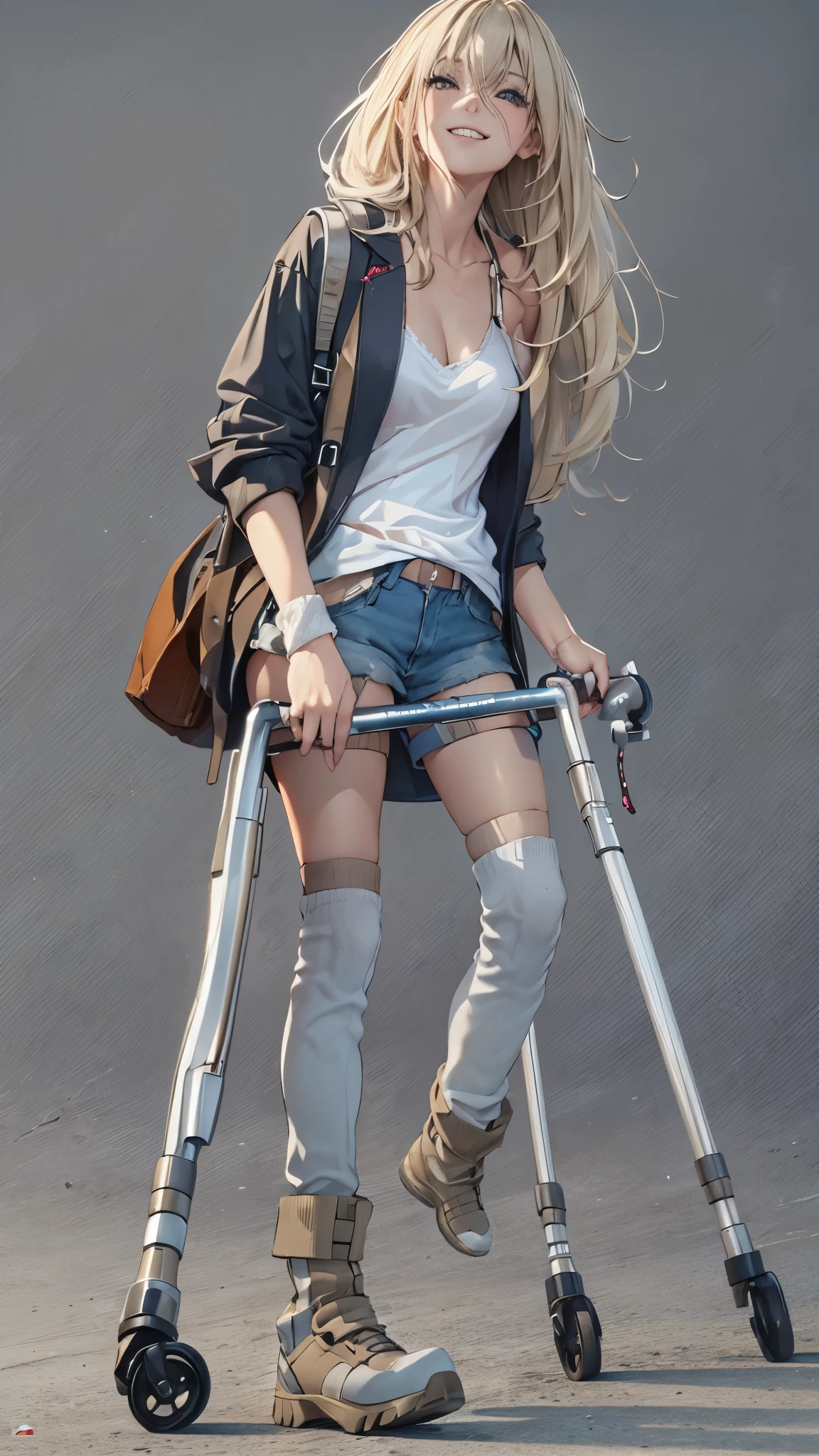 (Very detailed, Realistic), Cityscape, [moderately:Oil], [Professional:1.1], [Physically Based Rendering], [Bright colors], [Sharp focus], [Studio Lighting], [Extreme Detail], [Highest quality,4K,8K,High resolution,masterpiece:1.2],(Detailed face),((inside the hospital)),((One 18-year-old woman)),(Blonde unkempt hair),(dark),(it hurts),(Scary),(grin),[Nervous eyes],((her legs are very thin)),((She walks with crutches,Crutch length from armpit,Crutches are at her side)),((she leans on her crutches)),((she’s putting on her legs in cast)),((leg braces)),((leg braces)),((she’s wheelchair user)),((she’s wheelchair user)),((Her feet are turned inwards)),(street casual fashion,cold shoulder tops,shorts,loose socks),((lace-up-boots)),(gloves,Knee pads),.