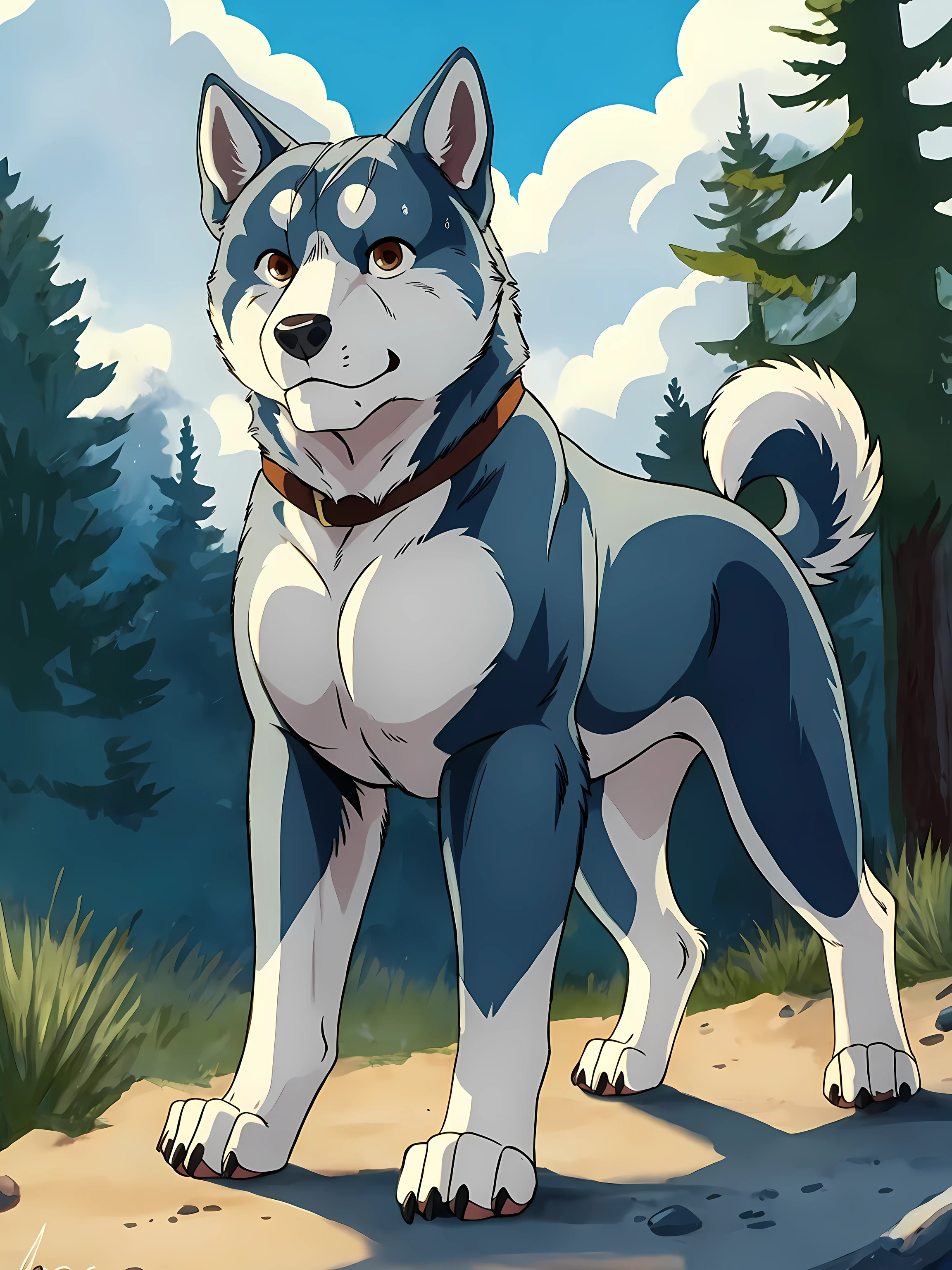 gin (ginga), black collar, dog, brown eyes, glinting eyes, detailed eyes, detailed collar, young, male, feral, quadruped, full body:1.1, pectorals, paws, detailed, high quality, best resolution, solo, forest background, tail, by negger, by marjani, cel shaded, light blue fur, light blue paws,