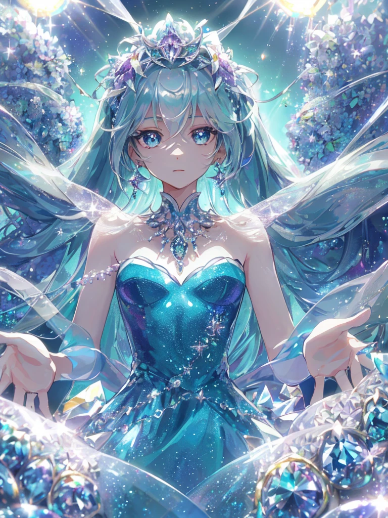 masterpiece, highest quality, figure, alexandrite eyes and hair, platinum earrings, Platinum Necklace, white dress, The Little Mermaid, cute, (dynamic lighting:1.2), cinematic lighting, delicate features, fine eyes, sharp pupils, realistic student, Depth of bounds written, Bokeh, sharp focus, (very detailed, bloom, shine:1.4), Many Small Gems, hatsune miku