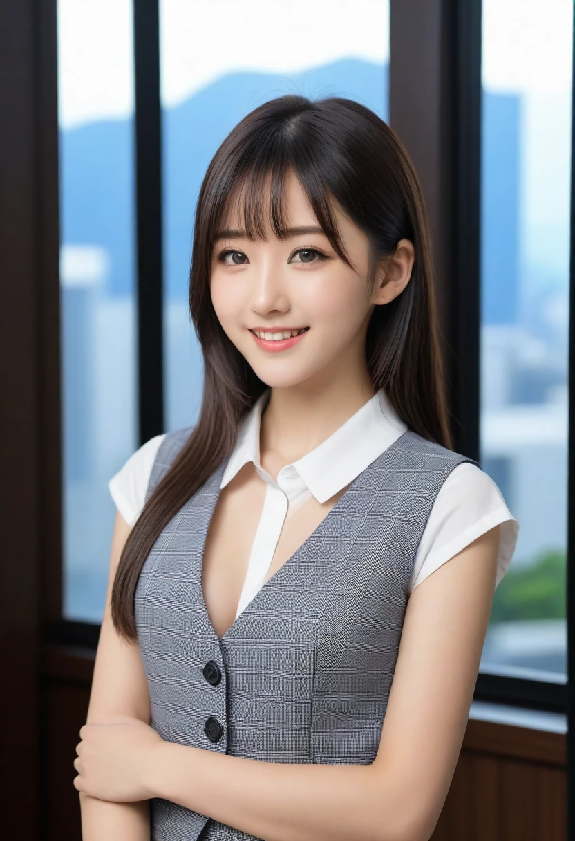 8K, Ultra-high resolution, Highest quality, masterpiece, 三分割法によるphotograph,Surreal, photograph, 1 girl, (:1.3), pretty girl, Cute face, Beautiful eyes in every detail, 細かくdetailedに,masterpiece,, One Girl:1.2, Japan Female Announcer,whole body、Black Hair、well-groomed eyebrows、Cute Lip Makeup,1 Woman Standing, office worker, (White and grey checked vest:1.2) (Navy pencil skirt) , (Modern office indoors), Cityscape of windows, detailedな背景,Cute gestures、so beautiful,A carefree smile,Healing the heart,blunt bangs,Looking at the audience、beauty,Long neck、Laugh a little、Please close your mouth and laugh、(((Ideal body type))),A-cup small breasts :2,、Portraiture:2、Perfect Anatomy、鮮明なdetailed、detailed、Surreal、Light and shadow,Strong light