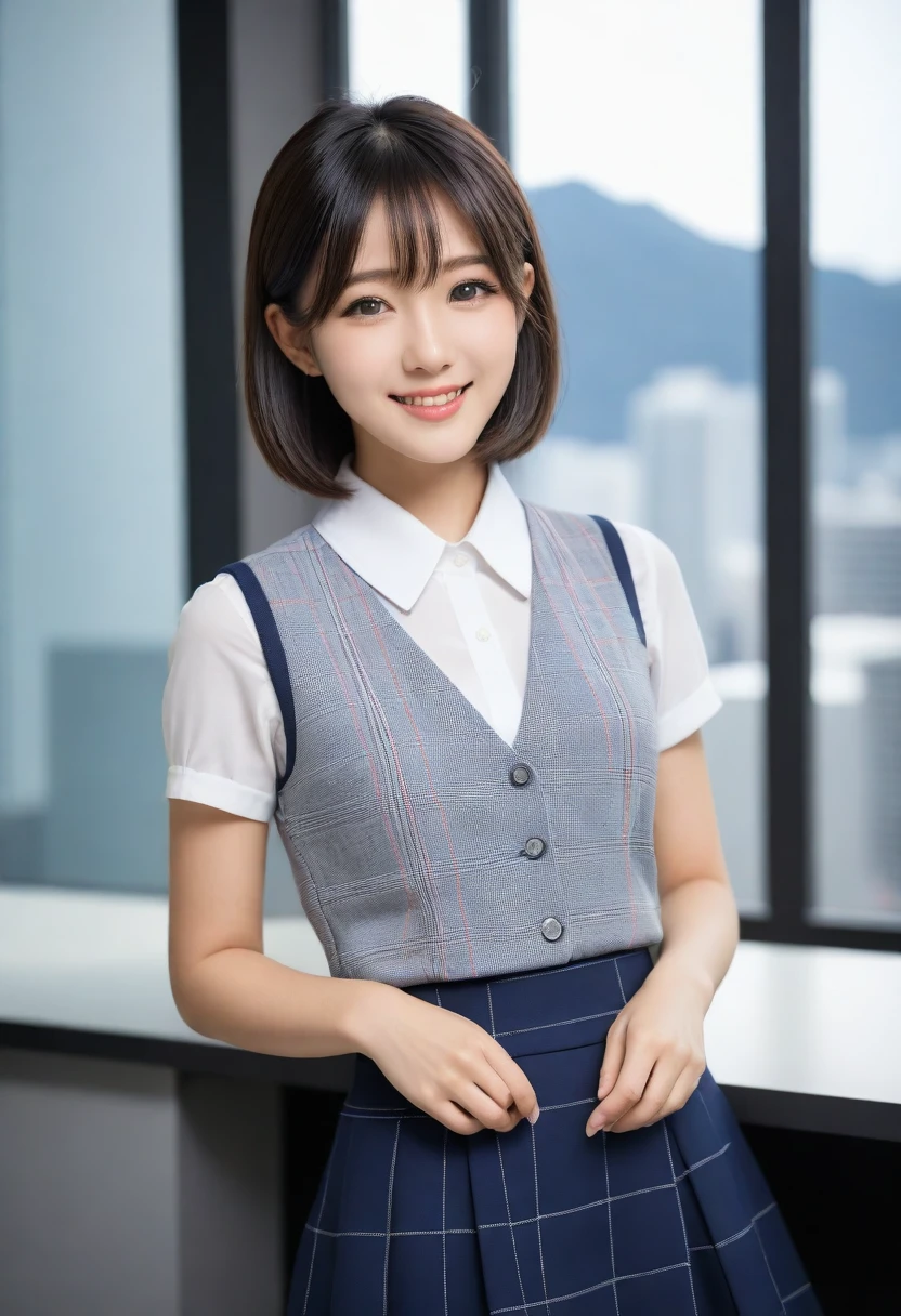 8K, Ultra-high resolution, Highest quality, masterpiece, 三分割法によるphotograph,Surreal, photograph, 1 girl, (16 years old:1.3), pretty girl, Cute face, Beautiful eyes in every detail, 細かくdetailedに,masterpiece,, One Girl:1.2, Japan Female Announcer,whole body、Black Hair、well-groomed eyebrows、Cute Lip Makeup,1 Woman Standing, office worker, (White and grey checked vest:1.2) (Navy pencil skirt) , (Modern office indoors), Cityscape of windows, detailedな背景,Cute gestures、so beautiful,A carefree smile,Healing the heart,blunt bangs,Looking at the audience、beauty,Long neck、Laugh a little、Please close your mouth and laugh、(((Ideal body type))),A-cup small breasts :2,、Portraiture:2、Perfect Anatomy、鮮明なdetailed、detailed、Surreal、Light and shadow,Strong light