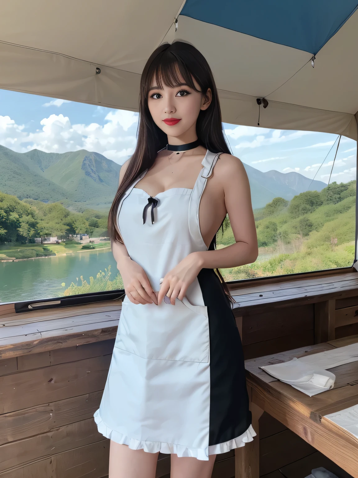 ((Highest quality, 8K, Representative works in detail, Ultra-high resolution)), (Looking at the audience), Attractive woman, ((Big Breasts)),  smile, ((Black Choker)), ((Slim figure)), (blue eyes), Long eyelashes, bangs, Beautiful shiny brown hair, Nogizaka idol, ((Slim face))、((apron、Full body portrait)), Millionaire's daughter、Dependents、Glossy straight hair、((Mountain trail、look up、Nice views)), Red lipstick, ((Mountainous Regions、camp、tent))、blue sky、Healthy Thighs、Sideboob、Landscape、sexy、Alluring、lure