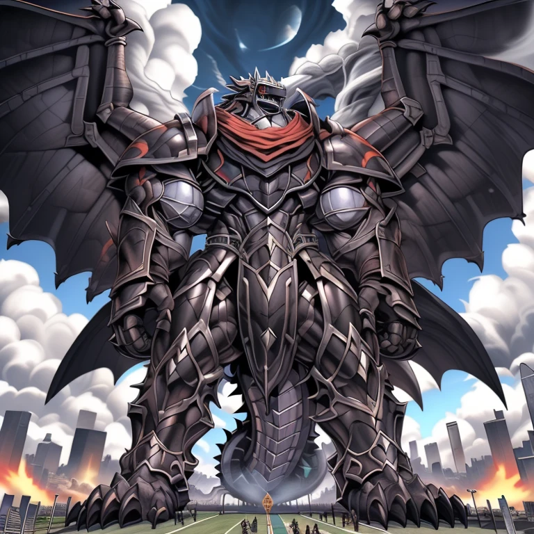 (masterpiece. official art. 8k. best quality. detailed full body. full body.)
(situation 1 : dominating demon lord dragon batzz. focus Colossus mechanical Muscular demon lord dragon batzz is trampling the CITY. macro. stomp. Low-angle perspective. emphasizing the immense size. The perspective is from below, emphasizing the sheer majesty and power of the Colossus. Colossus art. He is much bigger than a skyscraper. Giga Colossuss. micro soccer field. looking down.)
(situation 2 :smoke and flames rising from the destruction in the city. macro. stomp. Low-angle perspective. emphasizing the immense size. The perspective is from below, emphasizing the sheer majesty and power of the Colossus. Colossus art. He is much bigger than a skyscraper. Giga Colossuss. looking down.)
(Additional details 1: wearing a full-face helmet. helmet is jet black. The color of NANOSUIT is jet black. high-tech bio-mecha armor. real texture material. whole body shines like metal. Wearing cyberpunk mecha. emphasizes the muscles. suit fully made of metal. intricate armor. Robotic suit. suit fully made of metal. NANOSUIT with the same design as demon lord dragon batzz.). (demon lord dragon batzz has 5 toes.)
(Additional details 2: (Detailed head. Detailed Body. Detailed abs. gigantic muscles. HYPER MUSCLES. Gigachad Muscular. big muscle. pecs. triceps. traps. unusually developed muscular body. body full of huge muscles. showing off muscles. pectorales enormes. Exaggeratedly huge muscles. huge muscles. long legs.).
(Additional details 3: nj5furry, Spread wings. It has wings. black have big wings. The claws are sharp. Sharp teeth.5 toes.).