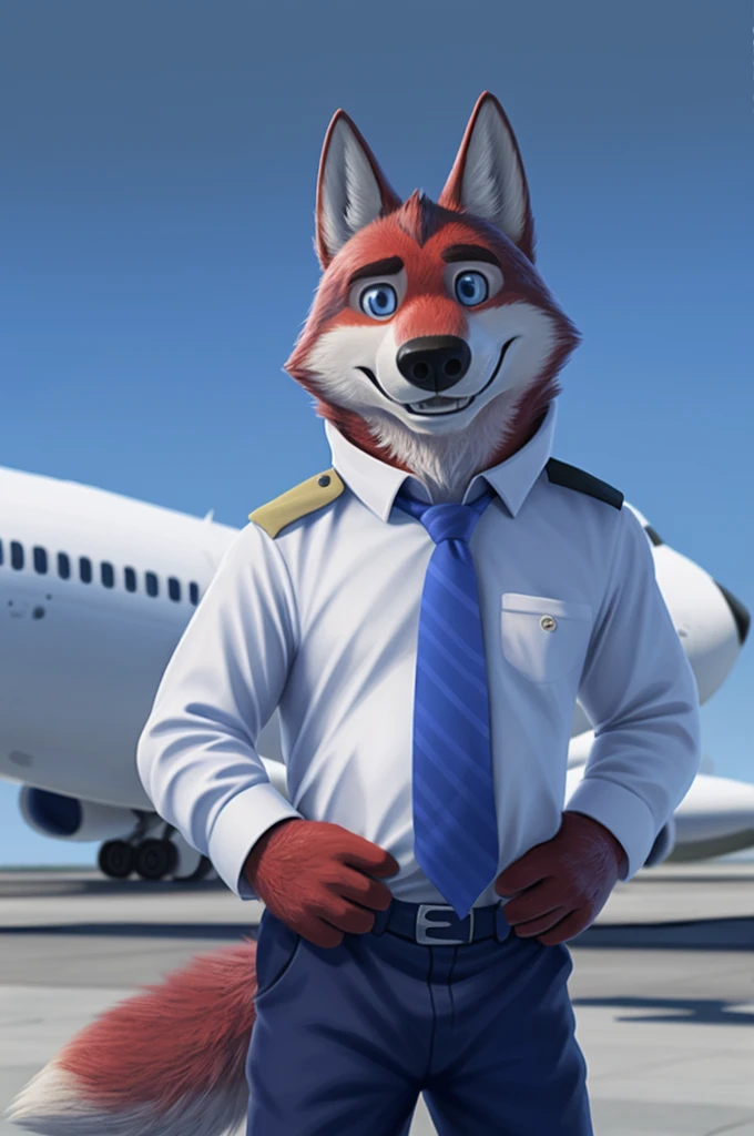 Ivan Fedorovich Wolfbach (Novosibirsk) ,высокий Beautiful, wolf,young, 24 years, brown fur,Kind,(red body:1.3),beautiful blue eyes,Novosibirsk,dressed,civil aviation pilot uniform,White shirt,epaulets командира, черный tie, trousers,airline pilot, commander's cap, trousers,canine, wolf, detailed fur, male, second, paw pads, finger claws,At the viewer, 5 fingers, paws, 5 fingers, smile, wrist watch, т nextel,by xenoforge, (difficult, high detail, digital photography, soft focus, RAW,goes for a walk, ,Very close to the camera,airport,Novosibirsk, smile, good mood, positive, Very close to the camera,without hair, epaulets captain, shoulder straps yellow stripe 4,
Photorealism, realistic, photorealistic, digital style, Subsurface scattering,I look at the viewer,стоит White shirt, epaulets, captain, trousers, tie, next to a Boeing 747 400 plane,smile, teeth, Beautiful,
masterpiece, Best quality, ultra realistic, 8 thousand.)