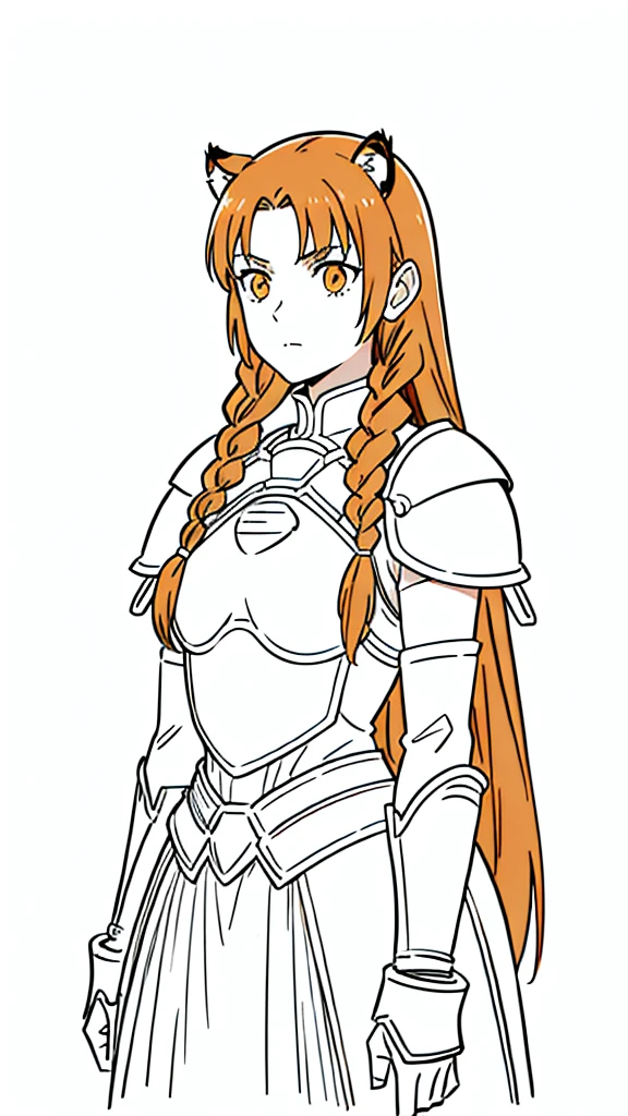(1girl,20 years old,mature female,solo),tiger ears,long hair,(twin braids),orange hair,white knight armor,(white background,line drawing),upper body,serious,pov,upper body