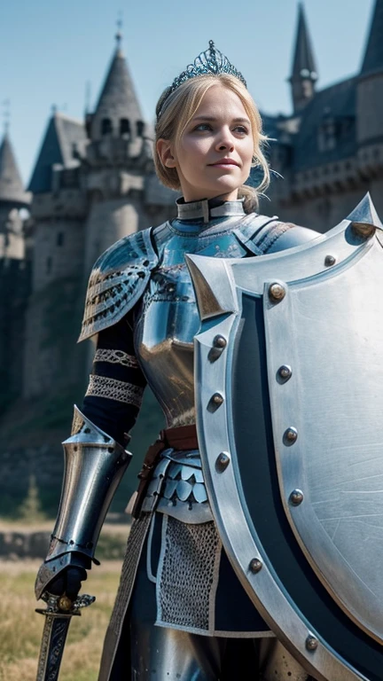 looking at viewer, English female, princess,  20 age-old,  blond hair , chignon , fringe,  beautiful  blue eye, little smile, (middle cup breasts, slender whist, middle hip ),tiara , a scene of a medieval knight standing proudly in full armor. The knight is clad in a suit of shining metal armor, including arm armor, leg armor, The intricate details of the armor, such as the chainmail, plate armor, and decorative motifs, should be prominently featured,  Brown laser arming clothes, (The knight stands tall with a shield in one hand and a sword in the other:1.5), exuding a sense of bravery and valor. The background should evoke a medieval setting, with a castle or battlefield in the distance, enhancing the knight's noble and heroic presence