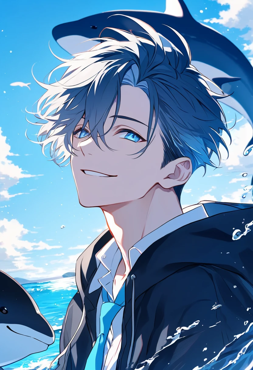 solo, handsome, 1 male, short hair, black and white color hair, pale blue eyes, white shirt, light blue tie, black hooded, smile facial, sea, orca