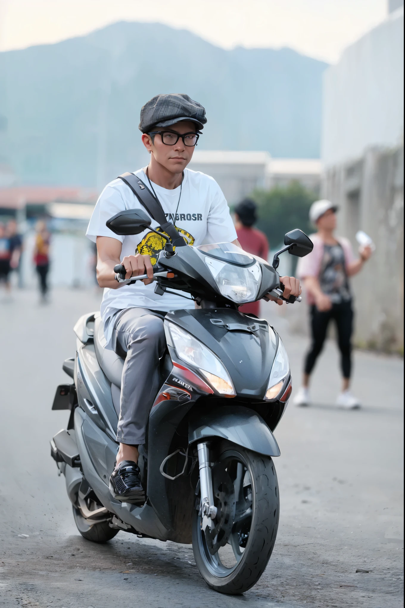 (Best quality,A high resolution,Ultra-detailed,Realistic:1.2),2023 rider wearing newsboy hat, riding motorcycle(promotional poster)。