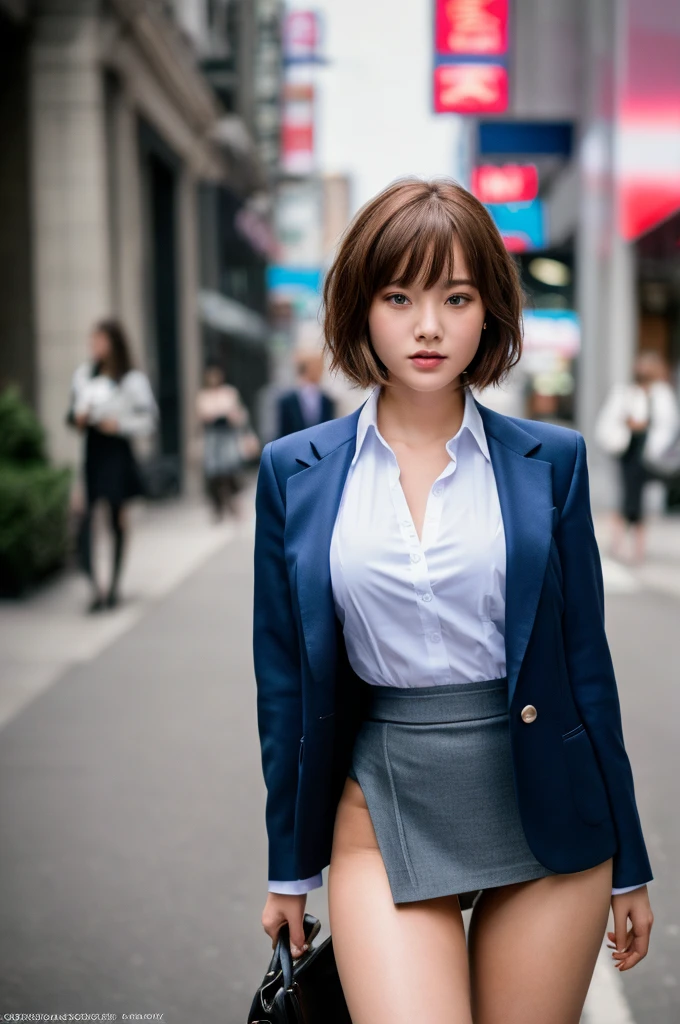 a 18 year old face of the most beautiful actress in the world, the perfect body proportions of a female, blazer is worn with formal shirt on female upper body, female crotch in panties between legs are seen a little thanks to skirt is too short, the short hair cut for a female, sexy bare thighs of a female, standing, at the city street, nsfw, best quality, highly detailed, masterpiece, ultra high res, photo realistic, 8k