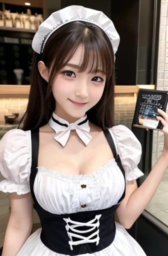 {{Beautiful and detailed eyes}, Detailed face, detailed eyes, slender face, real hands, cute Korean girlfriend 17 year old girl, perfect model body, looking at camera, sad smile, dynamic pose, maid costume, Akiba maid caffe, Akihabara, medium Breasts, cosmetics advertising model, girlfriend A girl is walking,