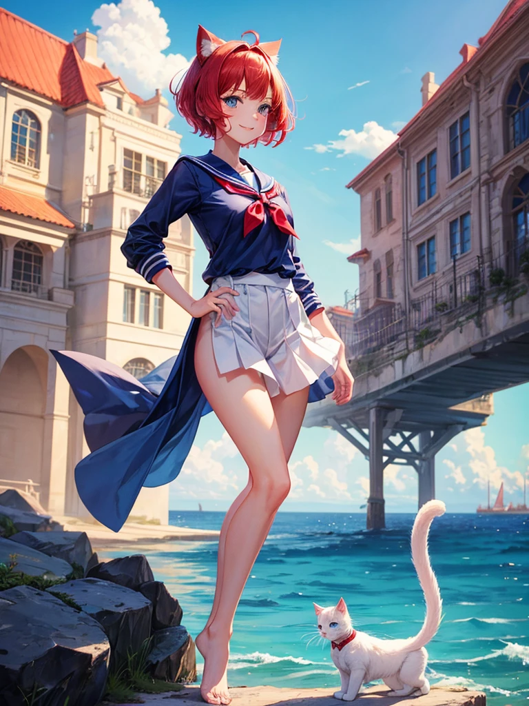 Highest quality,High resolution,１People Girl,whole body,fine,smile,looking at the camera,short hair,Crimson hair,Blue eyes,Sailor suit,beautiful girl,Cat ears on the head,Cat tail on waist,smile,be happy,Landscape,Run,