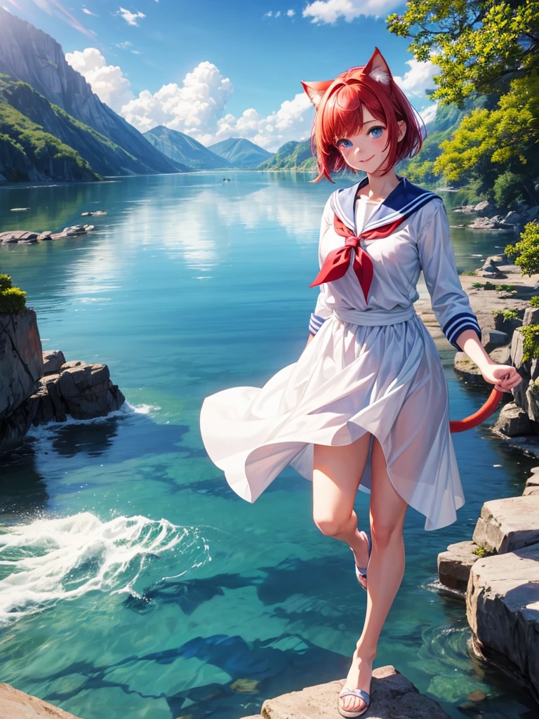 Highest quality,High resolution,１People Girl,whole body,fine,smile,looking at the camera,short hair,Crimson hair,Blue eyes,Sailor suit,beautiful girl,Cat ears on the head,Cat tail on waist,smile,be happy,Landscape,Run,