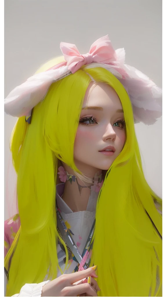 there is a woman with long Yellow hair and a pink bow, Yellow hair, painted in anime painter's studio, with rabbit ears largas y caídas, long Yellow hair, made with anime painter studio, with rabbit ears, light Yellow hair, guweiz, artwork in the style of guweiz, with big rabbit ears, CL, anime realism style, light yellow tone