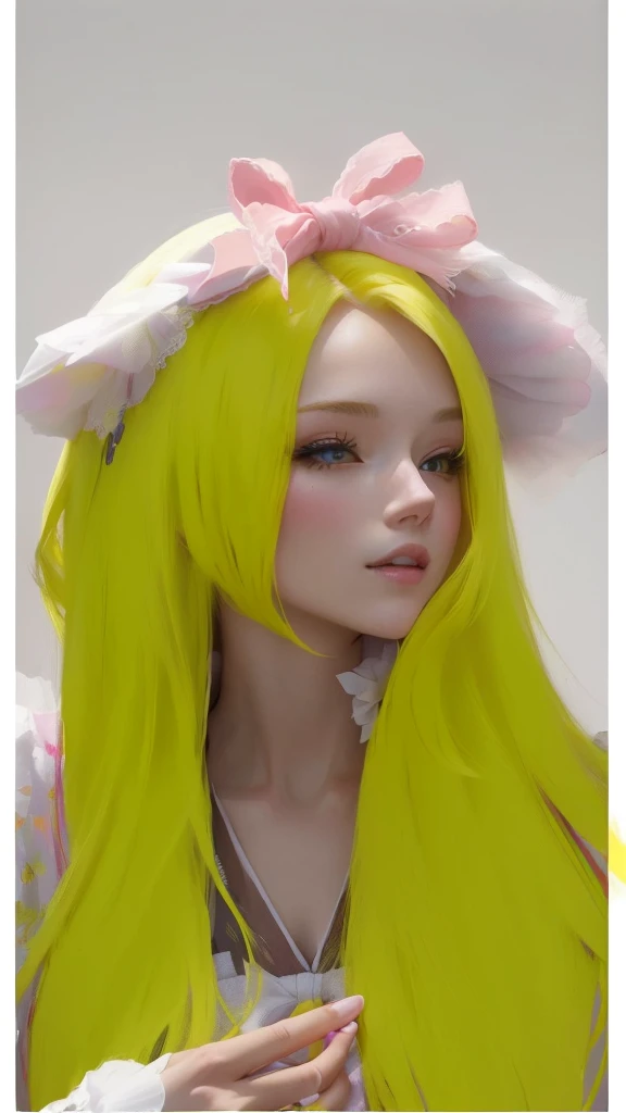 there is a woman with long Yellow hair and a pink bow, Yellow hair, painted in anime painter&#39;s studio, with rabbit ears largas y caídas, long Yellow hair, made with anime painter studio, with rabbit ears, light Yellow hair, guweiz, artwork in the style of guweiz, with big rabbit ears, CL, anime realism style, light yellow tone