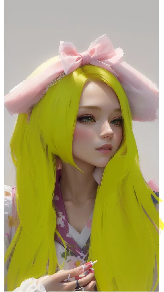 there is a woman with long Yellow hair and a pink bow, Yellow hair, painted in anime painter's studio, with rabbit ears largas y caídas, long Yellow hair, made with anime painter studio, with rabbit ears, light Yellow hair, guweiz, artwork in the style of guweiz, with big rabbit ears, CL, anime realism style, light yellow tone