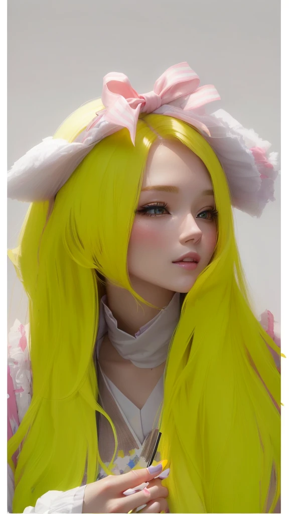 there is a woman with long Yellow hair and a pink bow, Yellow hair, painted in anime painter's studio, with rabbit ears largas y caídas, long Yellow hair, made with anime painter studio, with rabbit ears, light Yellow hair, guweiz, artwork in the style of guweiz, with big rabbit ears, CL, anime realism style, light yellow tone