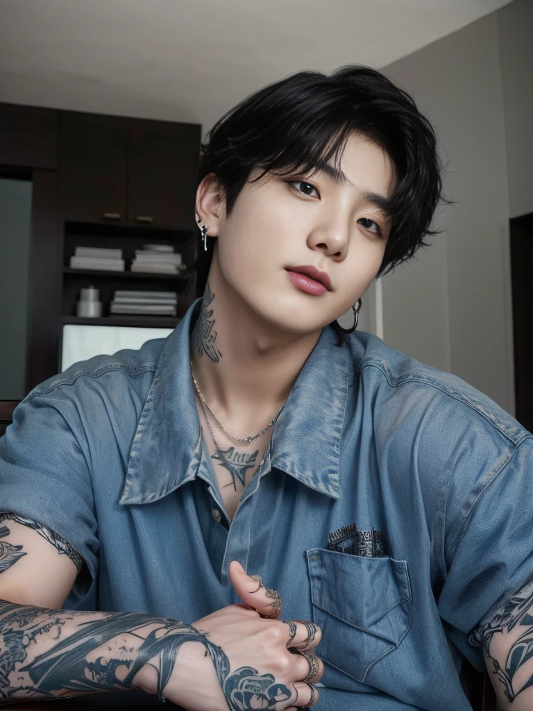 chiseled man with tattoos on his arms and arms sitting on a chair, Kim Doyoung, Ulzzang spacious, cai xukun, hyung tae, Hong Jun Hyung, yanjun chengt, kanliu666, Jinyoung Shin, south korean man, headshot profile imageture, profile image, inspired by jeonseok lee, jung jaehyun, Jeon Jungkook from bts
