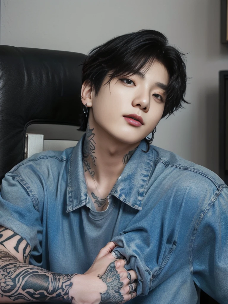 chiseled man with tattoos on his arms and arms sitting on a chair, Kim Doyoung, Ulzzang spacious, cai xukun, hyung tae, Hong Jun Hyung, yanjun chengt, kanliu666, Jinyoung Shin, south korean man, headshot profile imageture, profile image, inspired by jeonseok lee, jung jaehyun, Jeon Jungkook from bts 