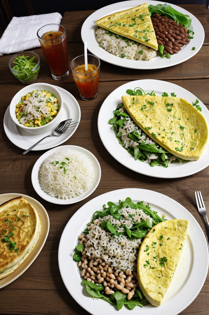 Onion steak dish, Rice, Beans, Salad, omelette and drink