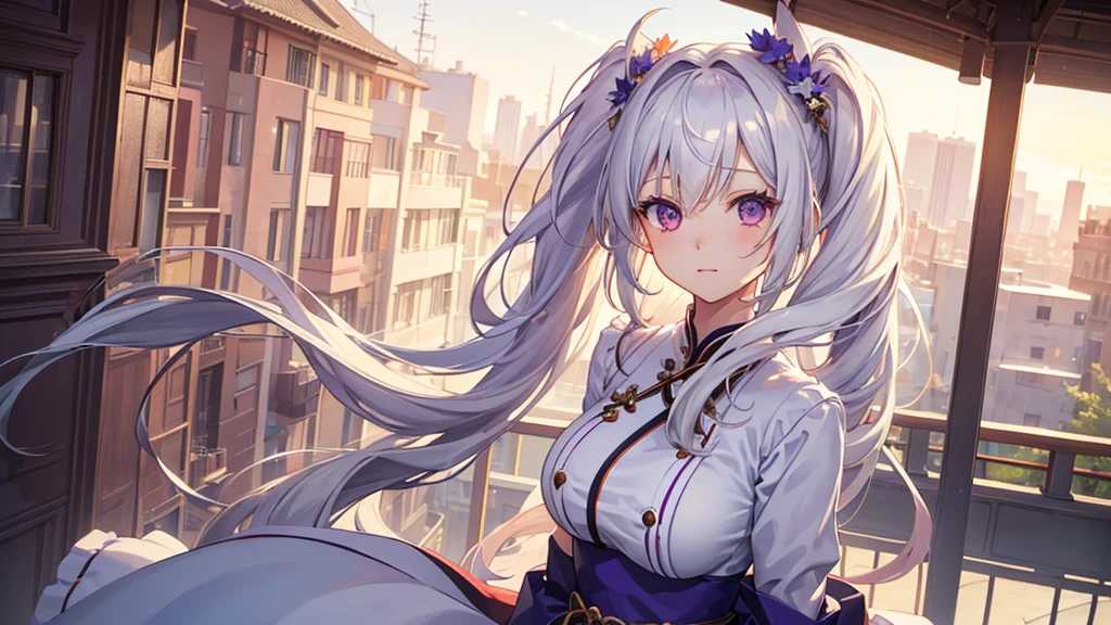 1_girl, solo, best quality, masterpiece, , ,short, huge breasts, white hair,low twintails, purple eyes, yukine chris, thin twintails, (((shy))), (happy), wearing a white cheongsam, upper body portrait, morning sunrise on the balcony background