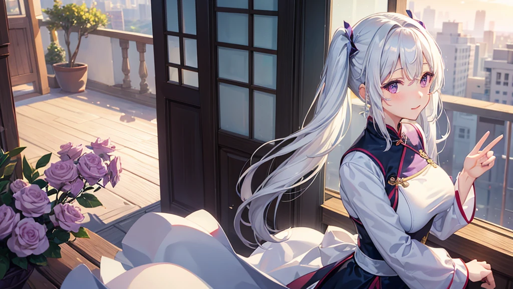 1_girl, solo, best quality, masterpiece, , ,short, , white hair,low twintails, purple eyes, yukine chris, thin twintails,  (((shy))), (happy), wearing a white cheongsam, upper body portrait, morning sunrise on the balcony background