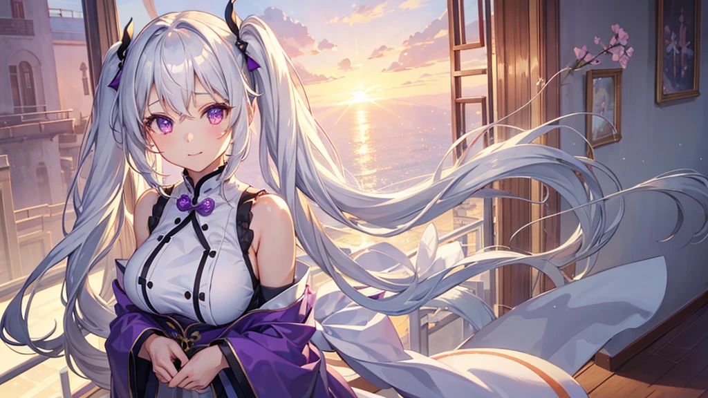 1_girl, solo, best quality, masterpiece, , ,short, huge breasts, white hair,low twintails, purple eyes, yukine chris, thin twintails, (((shy))), (happy), wearing a white cheongsam, upper body portrait, morning sunrise on the balcony background