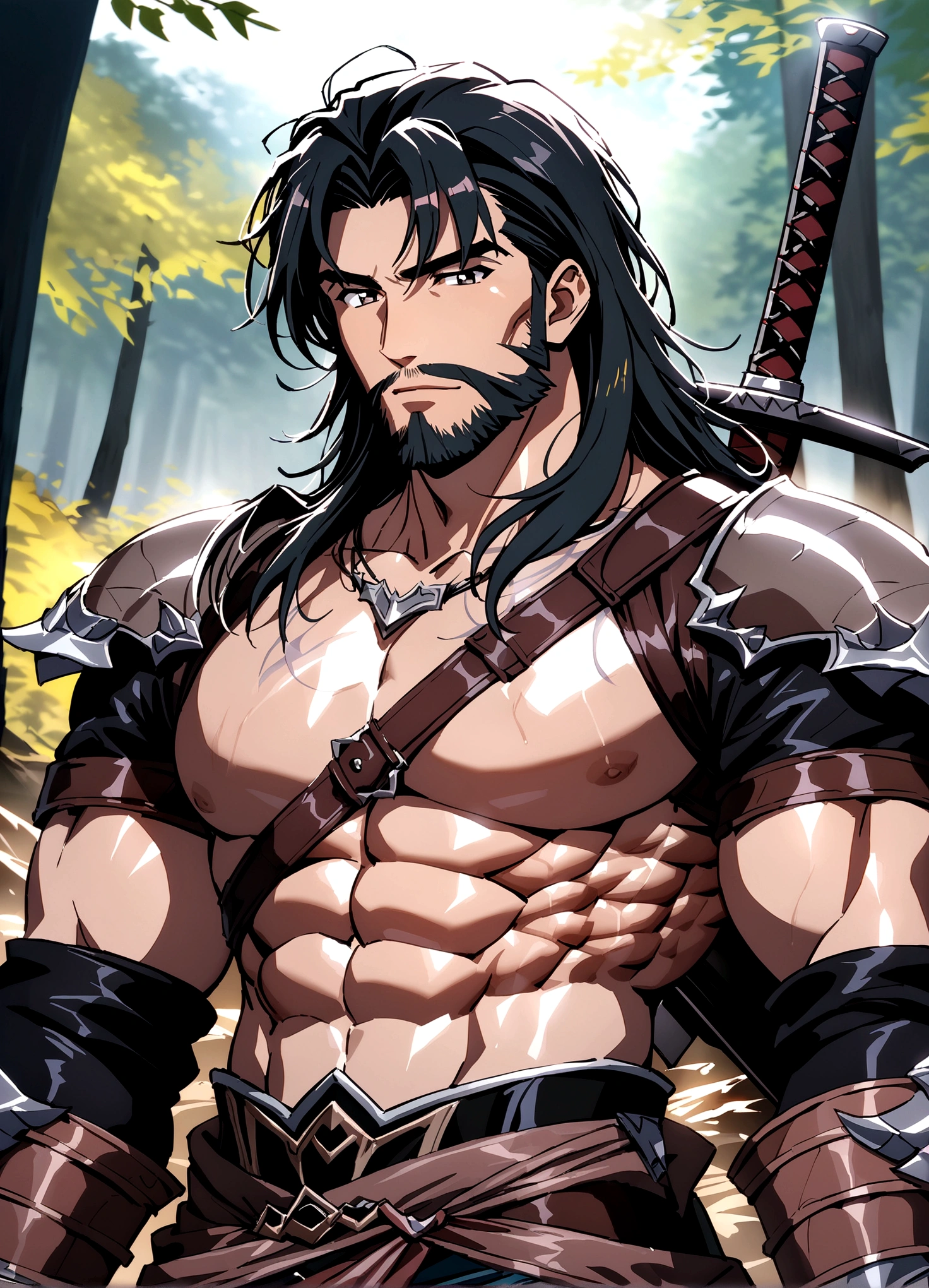 Masterpiece, highest quality, ultra detailed, 90s anime, ruggedly handsome man, black hair, medium length hair, full beard, witcher armor, two swords on back, cinematic lighting, forest background, fantasy