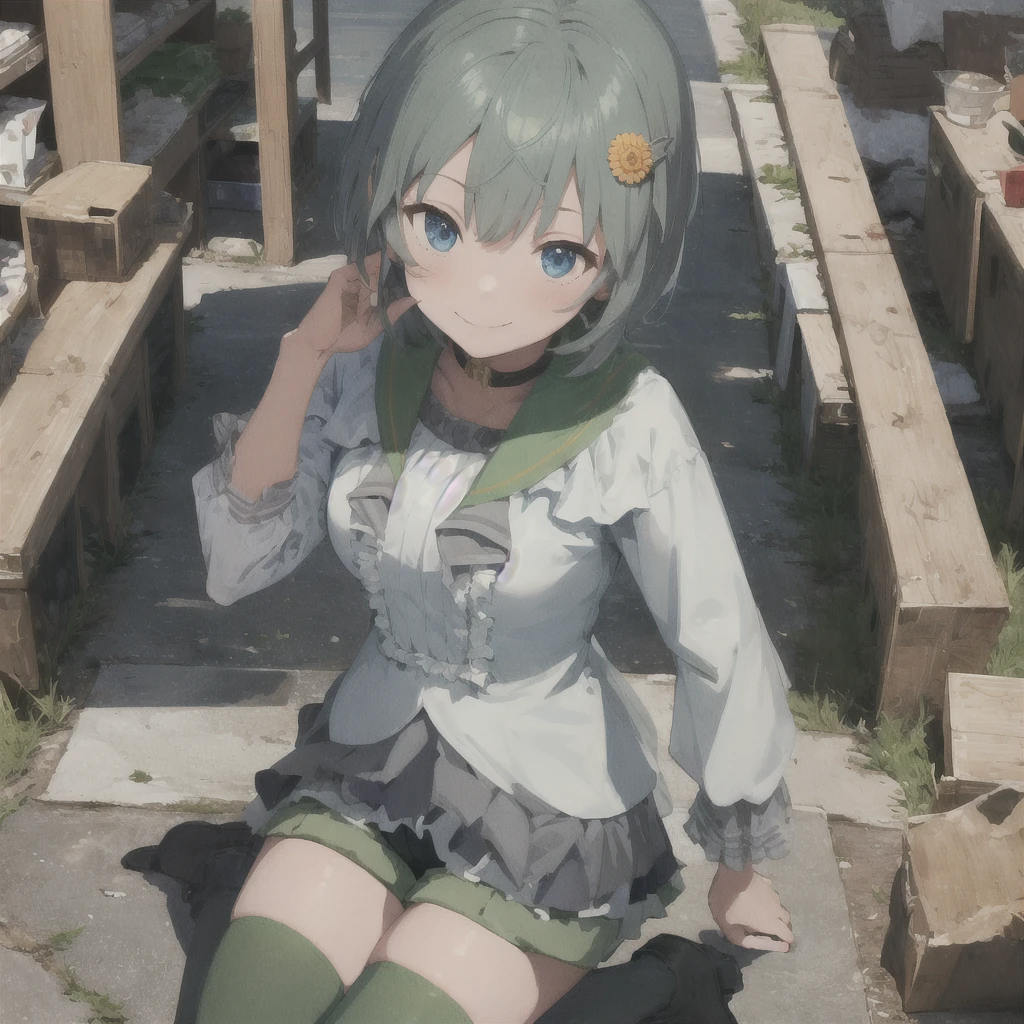 (masterpiece, Highest quality:1.2), alone, One girl, Seiun Sky, smile, View your viewers, Hair Clip, Hair Flowers, Horse's ears, Frills, shirt, Long sleeve, Green shorts, Horse tail, A walk under the blue sky, hairclip, hair flower, horse ears, horse tail
frills, shirt, long sleeves, green short pants, white shirt, puffy short sleeves, white thigh highs